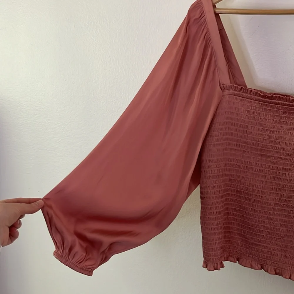 J. Crew Squareneck Smocked Featherweight Satin Cropped‎ Top in Pink size medium